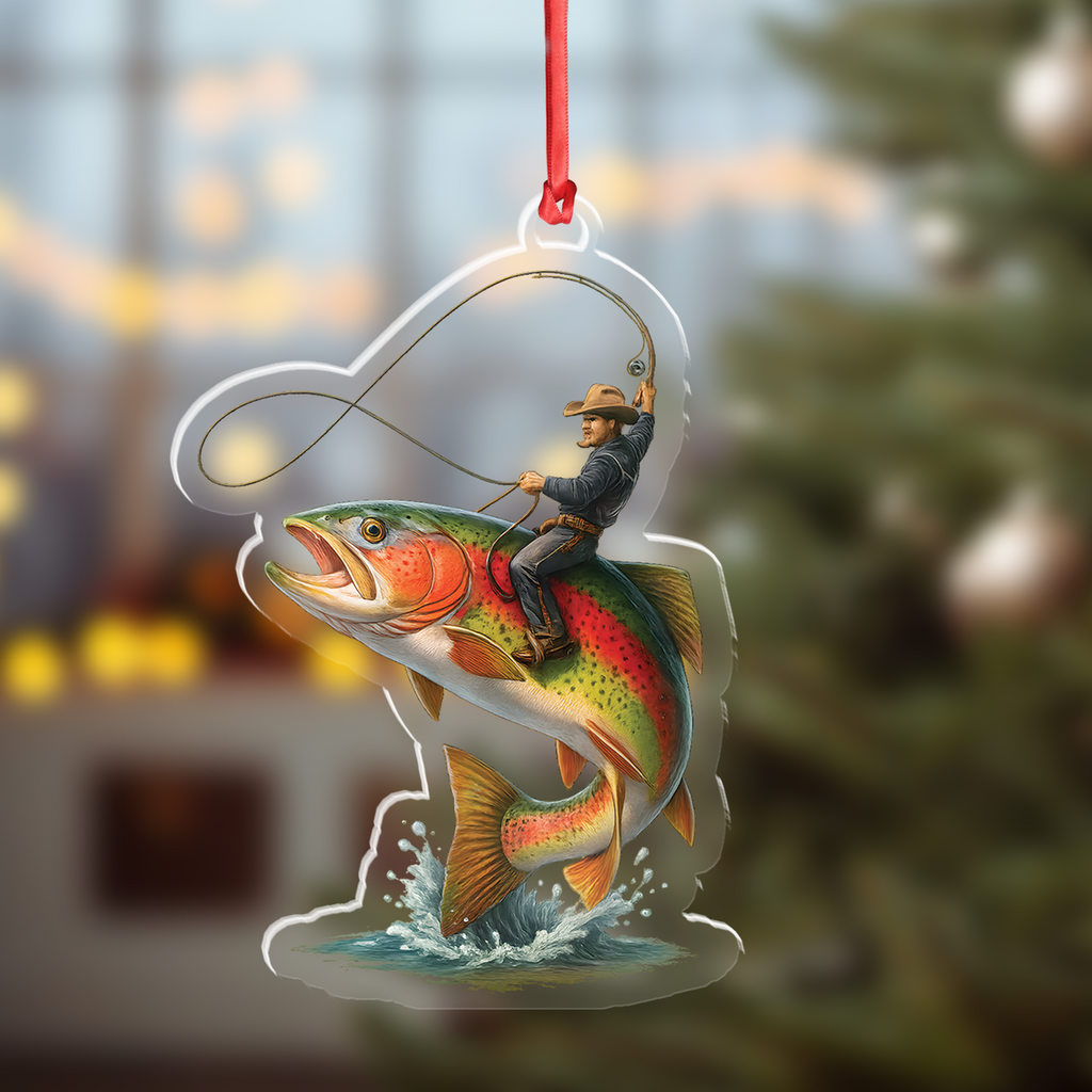 Personalized Funny Fishing Acrylic Ornament – Cowboy Riding Fish Christmas Decoration for Fishermen