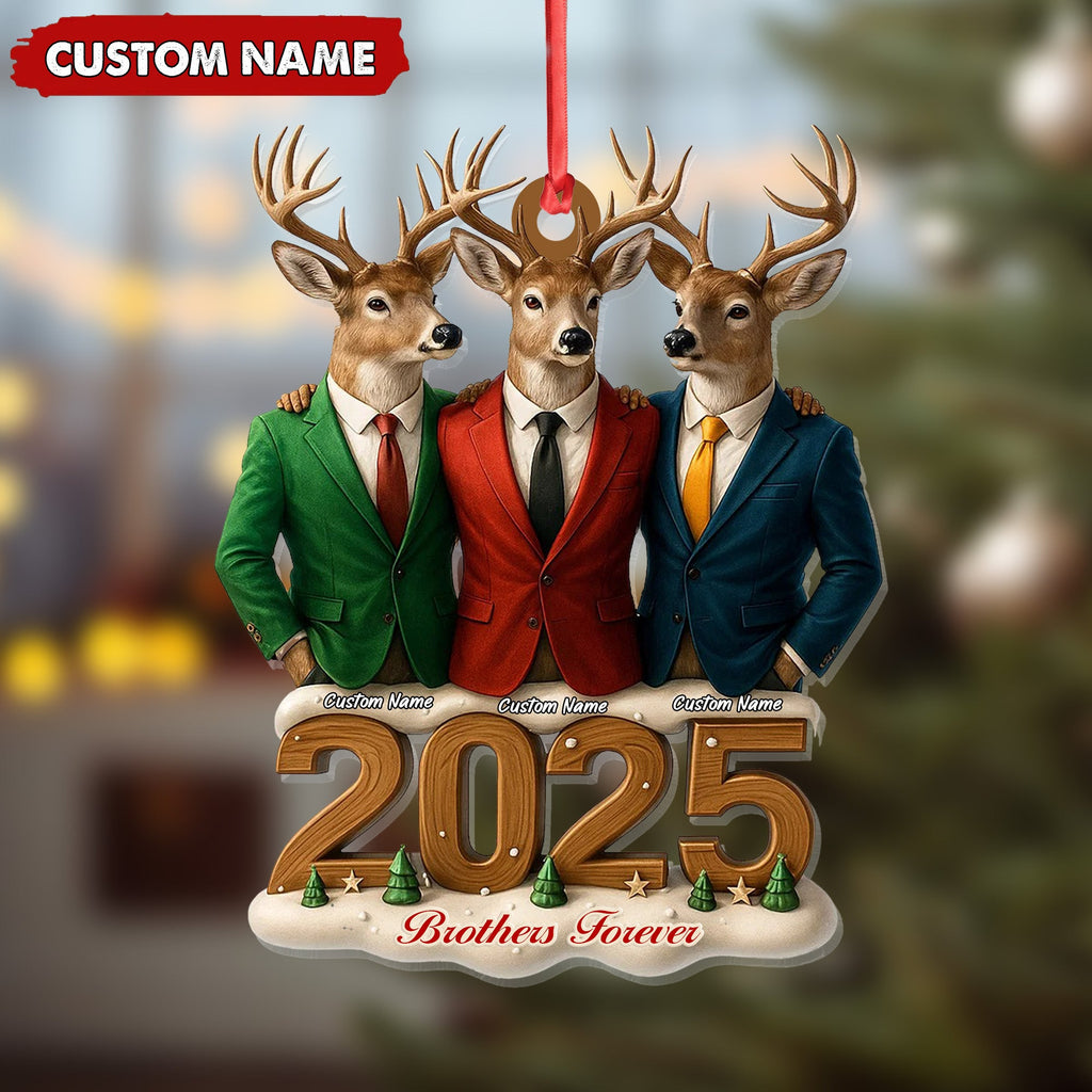 Personalized Brothers Forever 2025 Christmas Ornament, Custom Name Deer Trio in Suits, Funny Family Brother Gift Decor