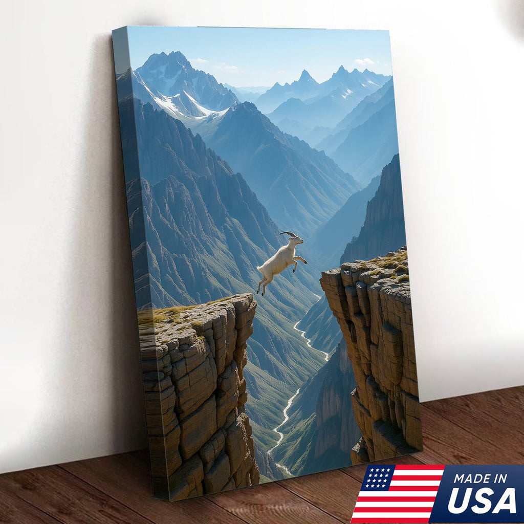 Mountain Goat Cliff Jump Canvas Wall Art, Alpine Canyon Landscape Print