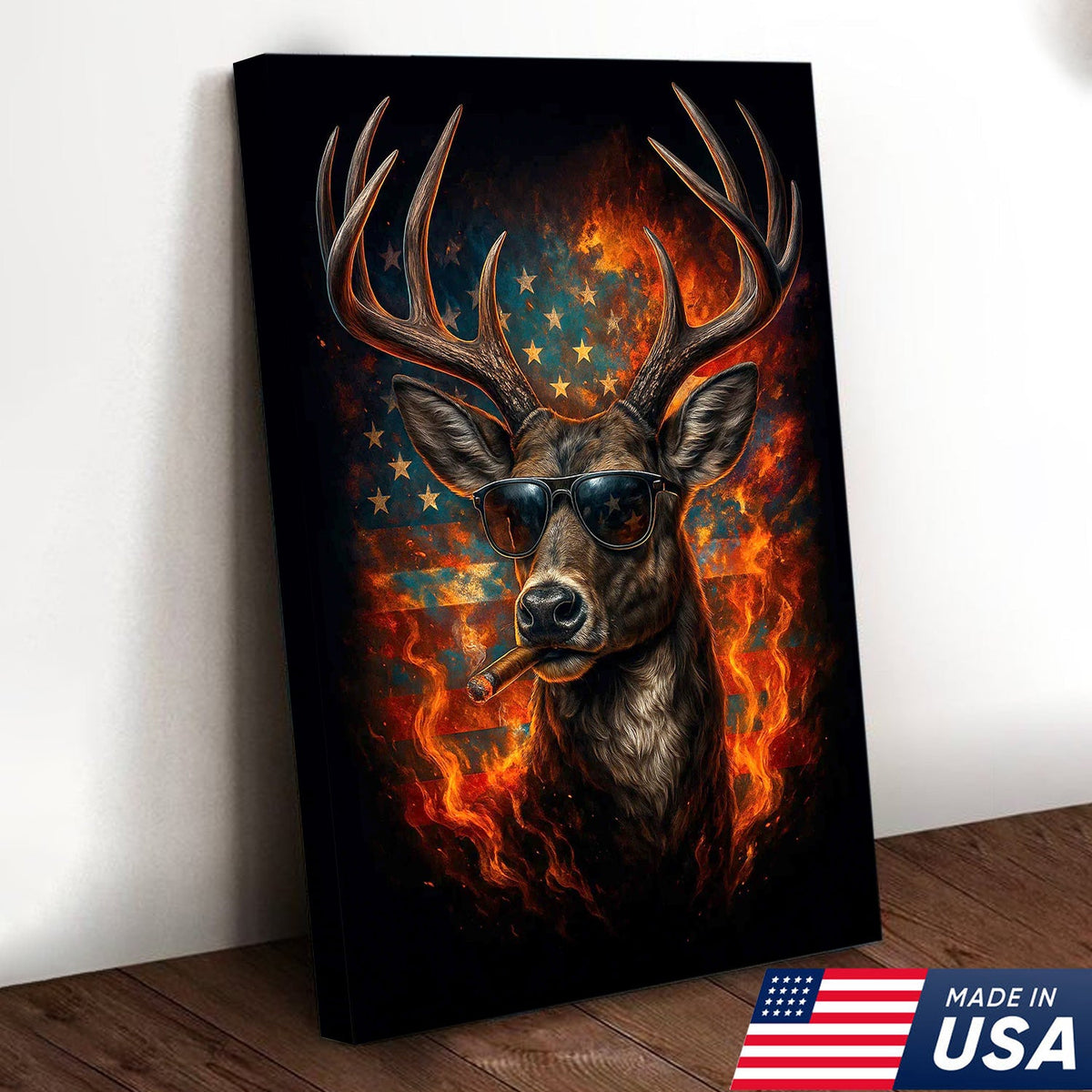 Patriotic Deer Wall Art Canvas – Cool Buck with Sunglasses and American Flag