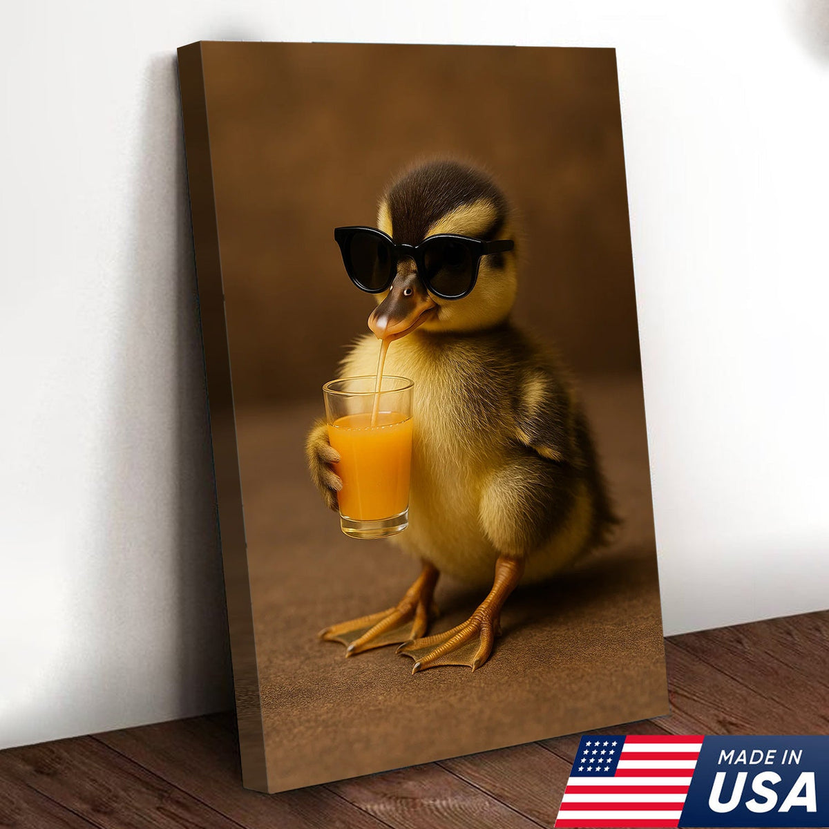 Funny Duckling Canvas Wall Art, Cute Baby Duck Drinking Juice Print
