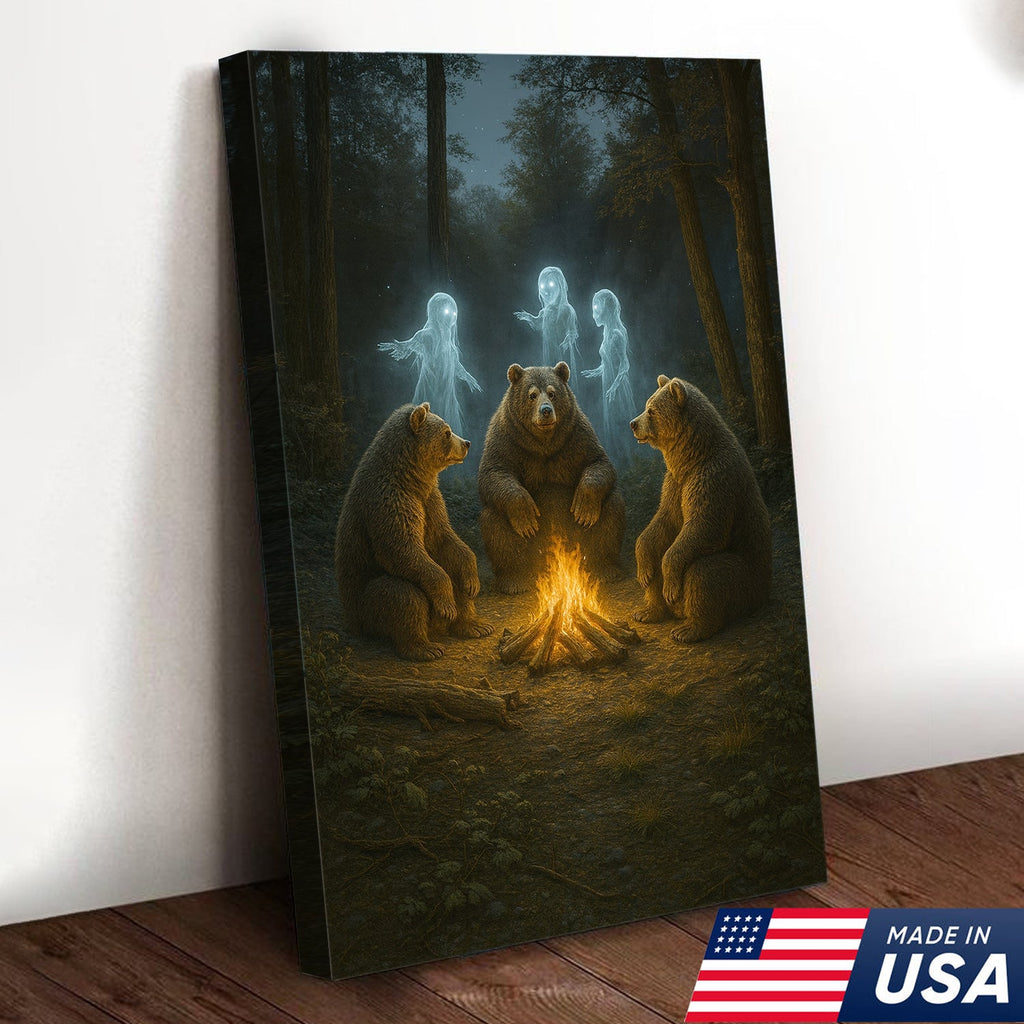Ghost Bear Campfire Wall Art Canvas – Spooky Forest Spirit Canvas Print for Halloween Decor