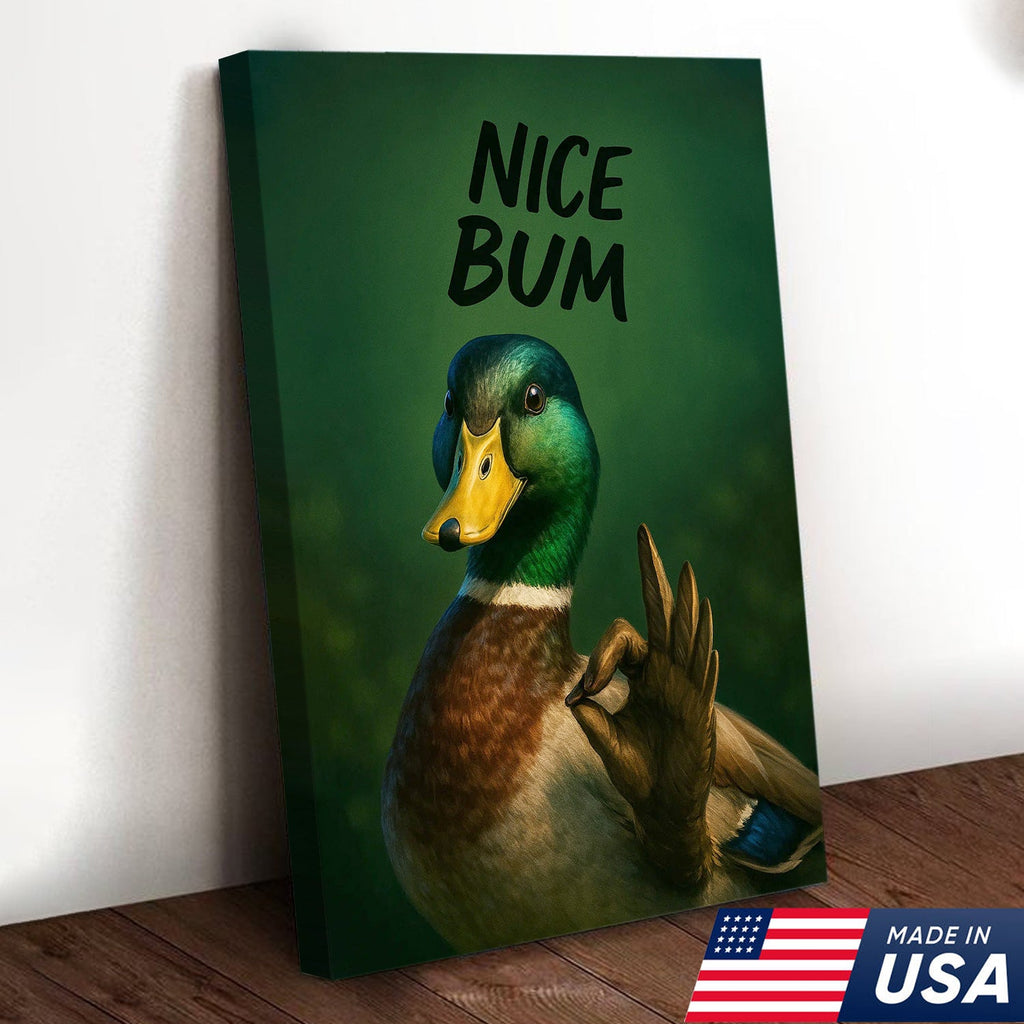 Cheeky Duck Canvas Wall Art – Funny Mallard Humor Print – Playful Rustic Lodge Bathroom Decor
