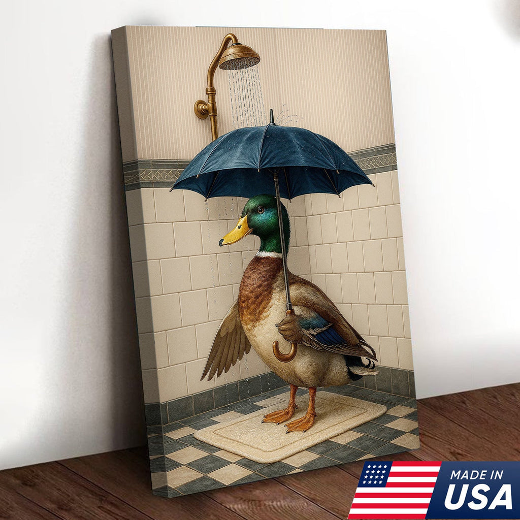 Duck with Umbrella in Shower Canvas Wall Art, Quirky Bathroom Wall Decor