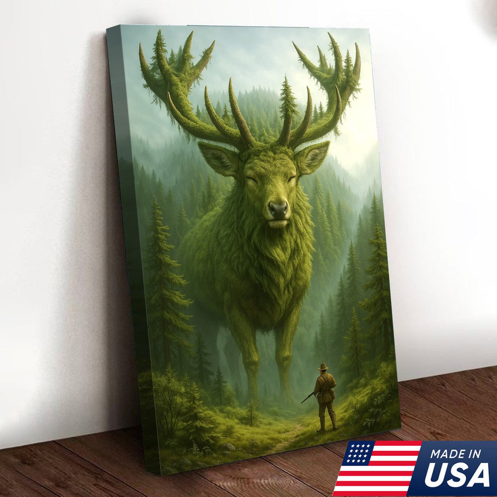 Forest Spirit Deer Wall Art Canvas, Giant Moss Elk with Hunter Fantasy Landscape