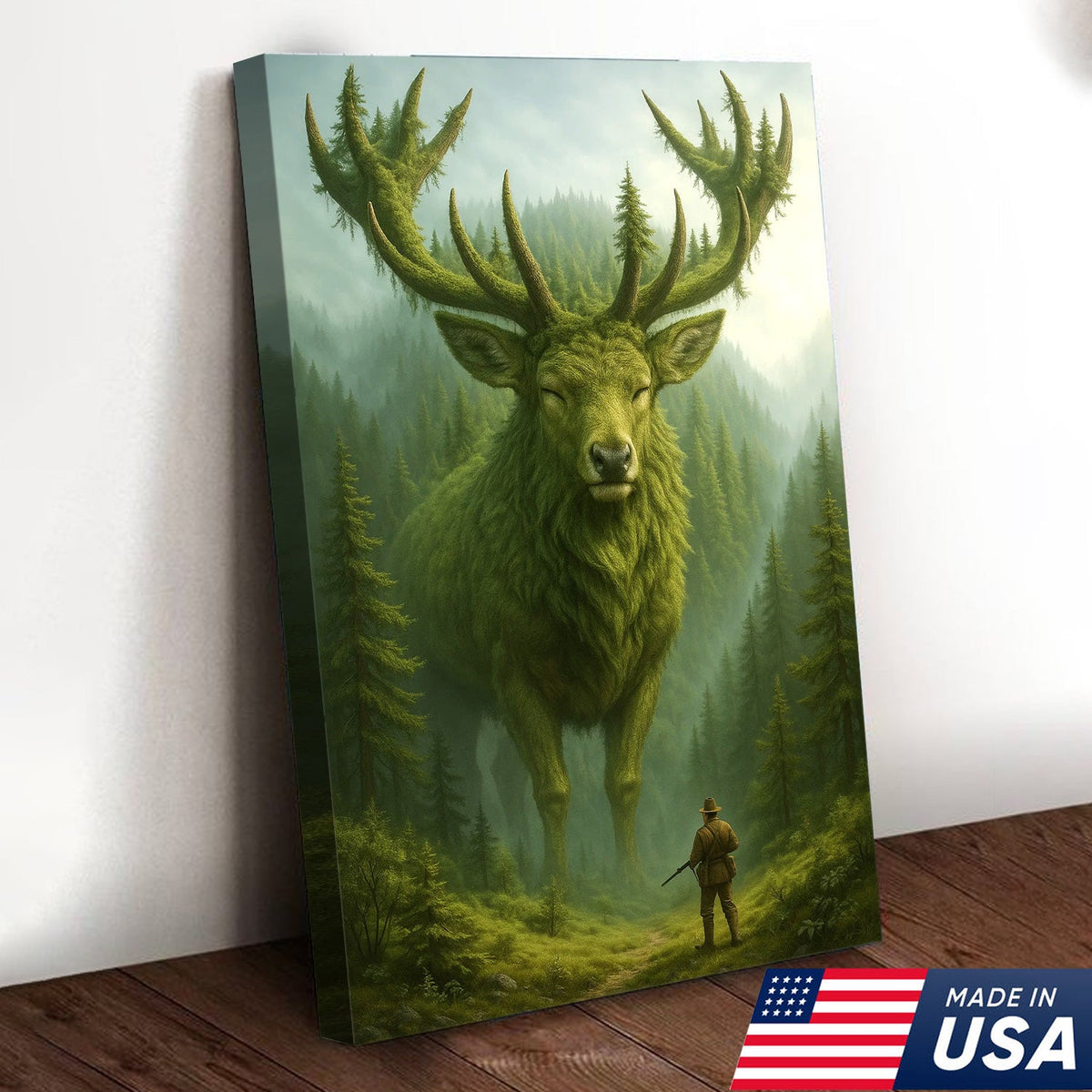 Forest Spirit Deer Wall Art Canvas, Giant Moss Elk with Hunter Fantasy Landscape