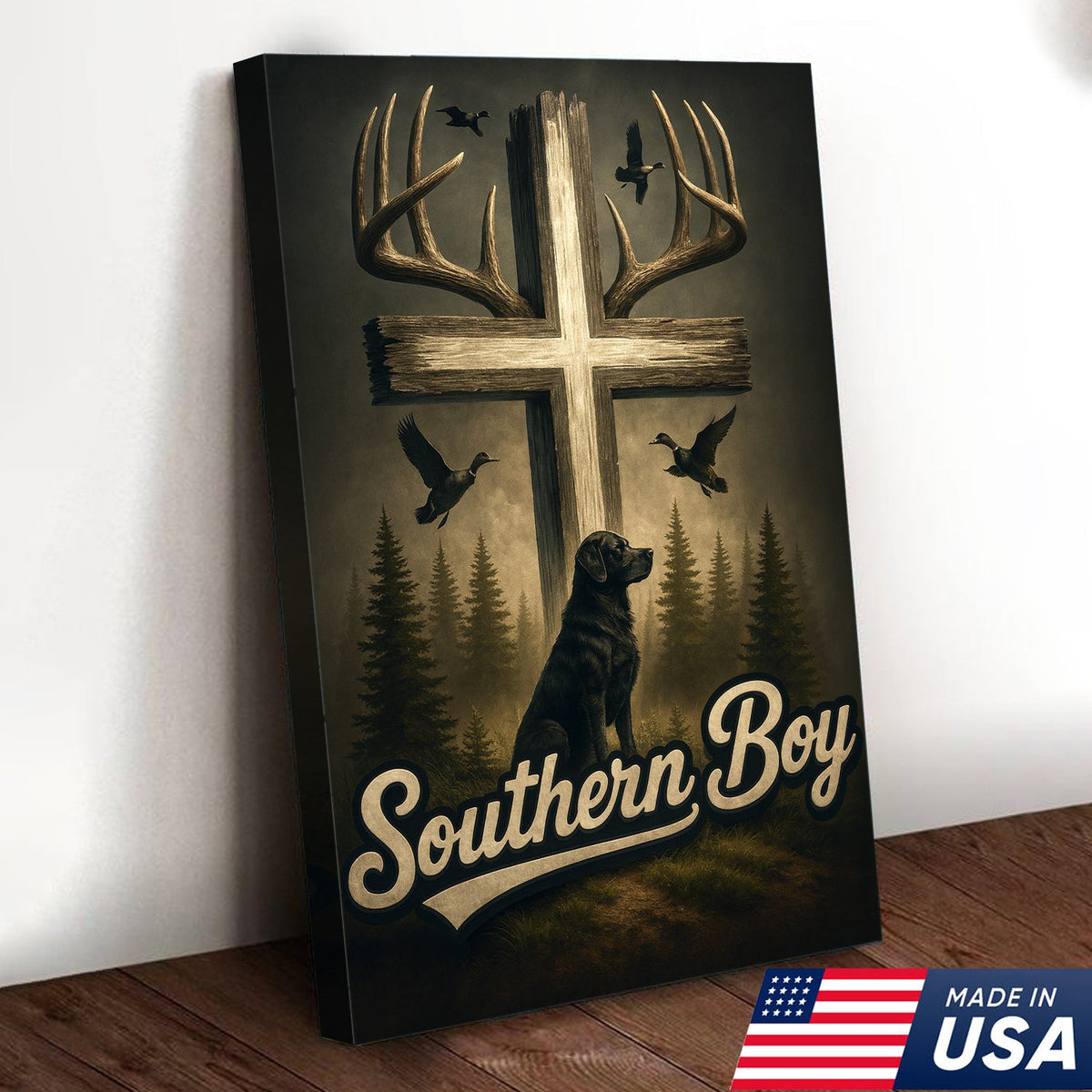 Southern Boy Canvas Wall Art, Deer Antler Cross with Labrador Retriever and Flying Ducks