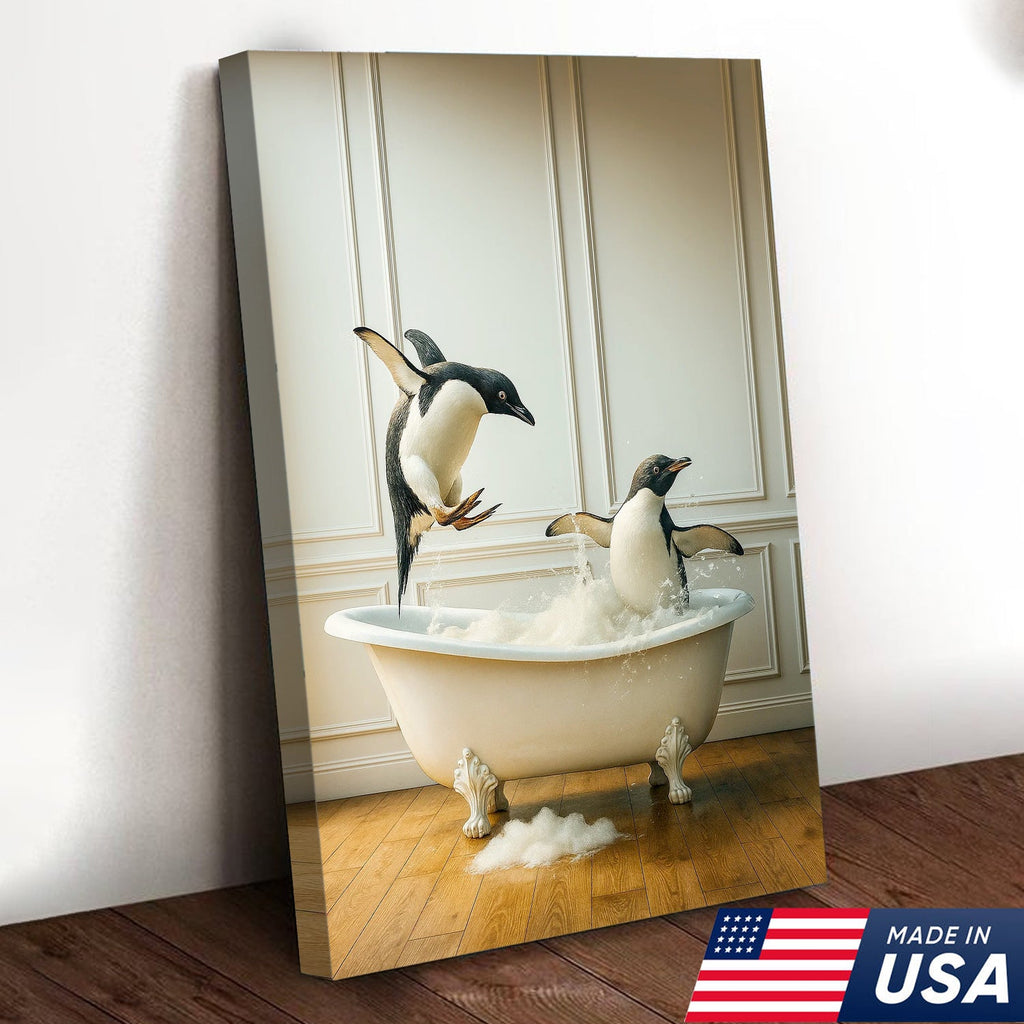 Playful Penguin Bubble Bath Wall Art Canvas, Jumping Penguins in Bathtub Bathroom Decor