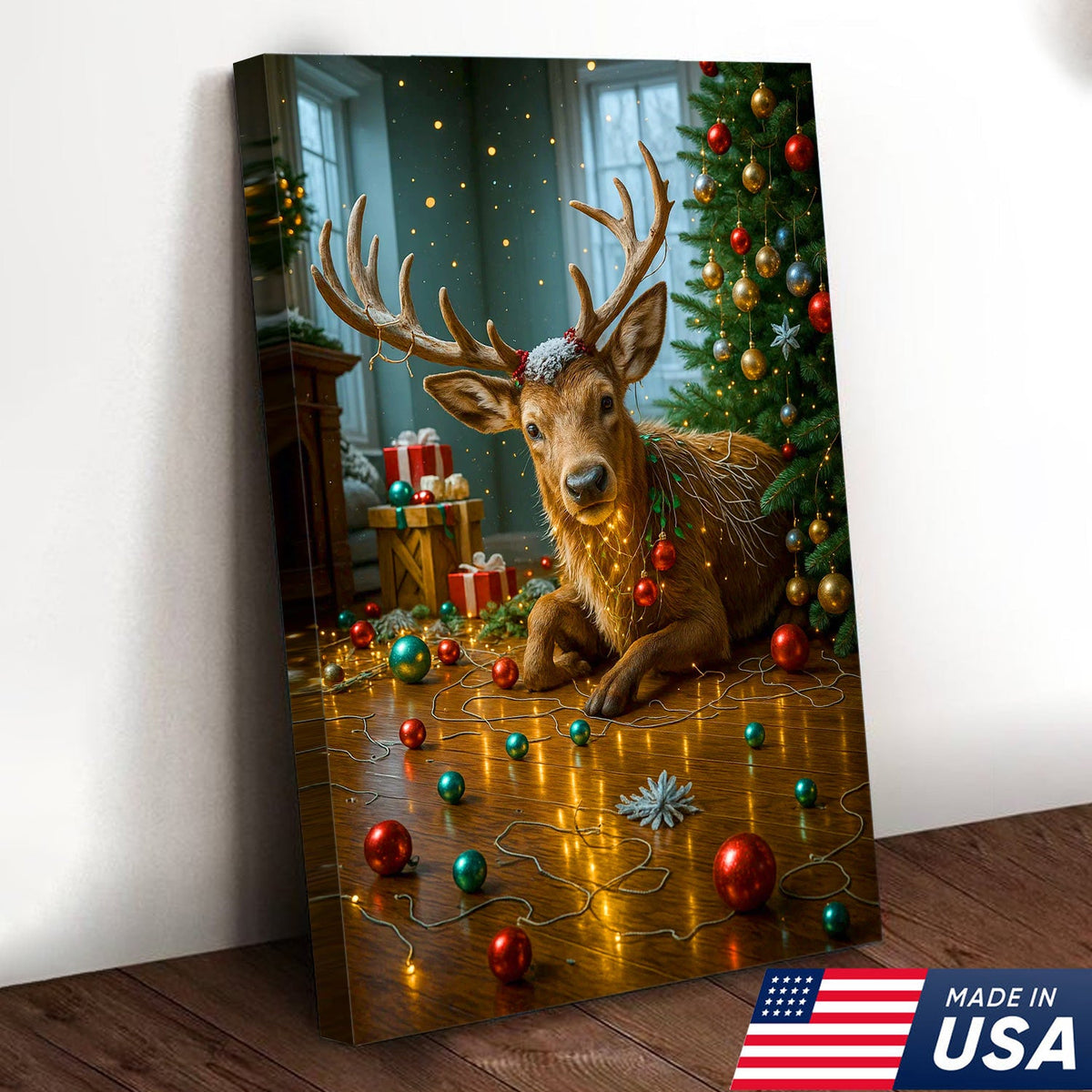 Christmas Reindeer Living Room Canvas Wall Art, Cute Deer With Christmas Tree and Ornaments
