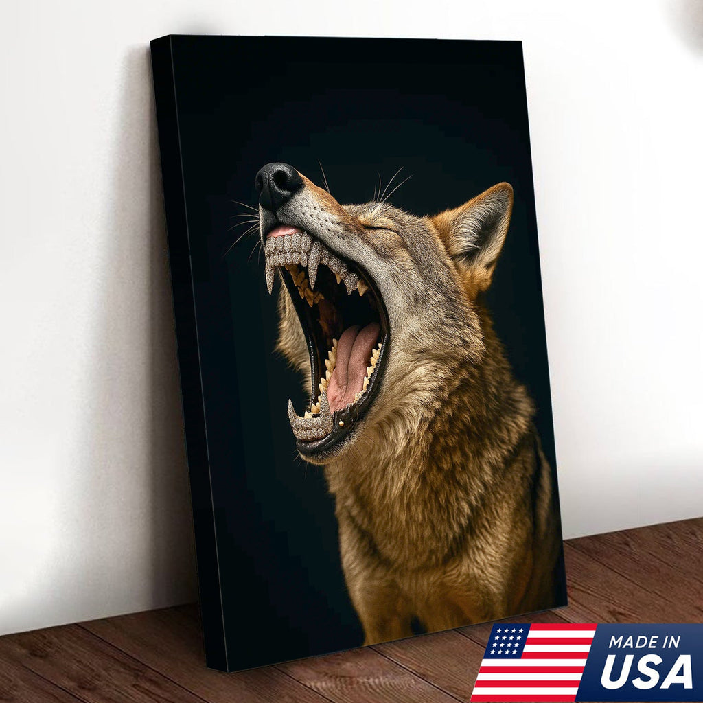 Roaring Wolf Canvas Wall Art, Fierce Animal Portrait Artwork, Rustic Wildlife Decor
