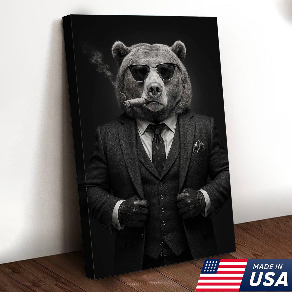 Bear in Suit Canvas Wall Art, Black and White Animal Portrait, Modern Office Decor for Men