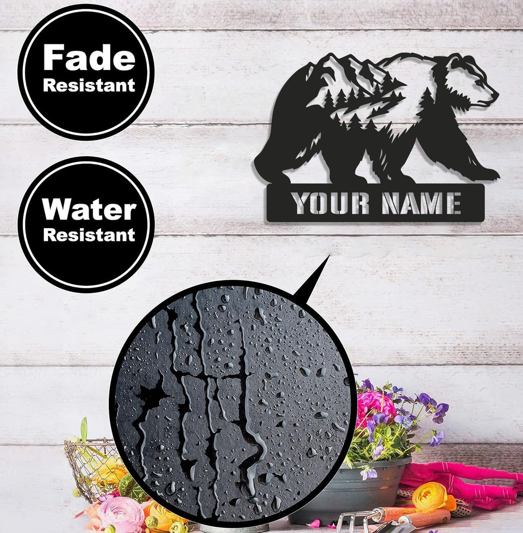 Personalized Bear Metal Sign WITH LED/WITHOUT LED, Mountain Forest Wildlife Wall Art, Rustic Cabin Decor