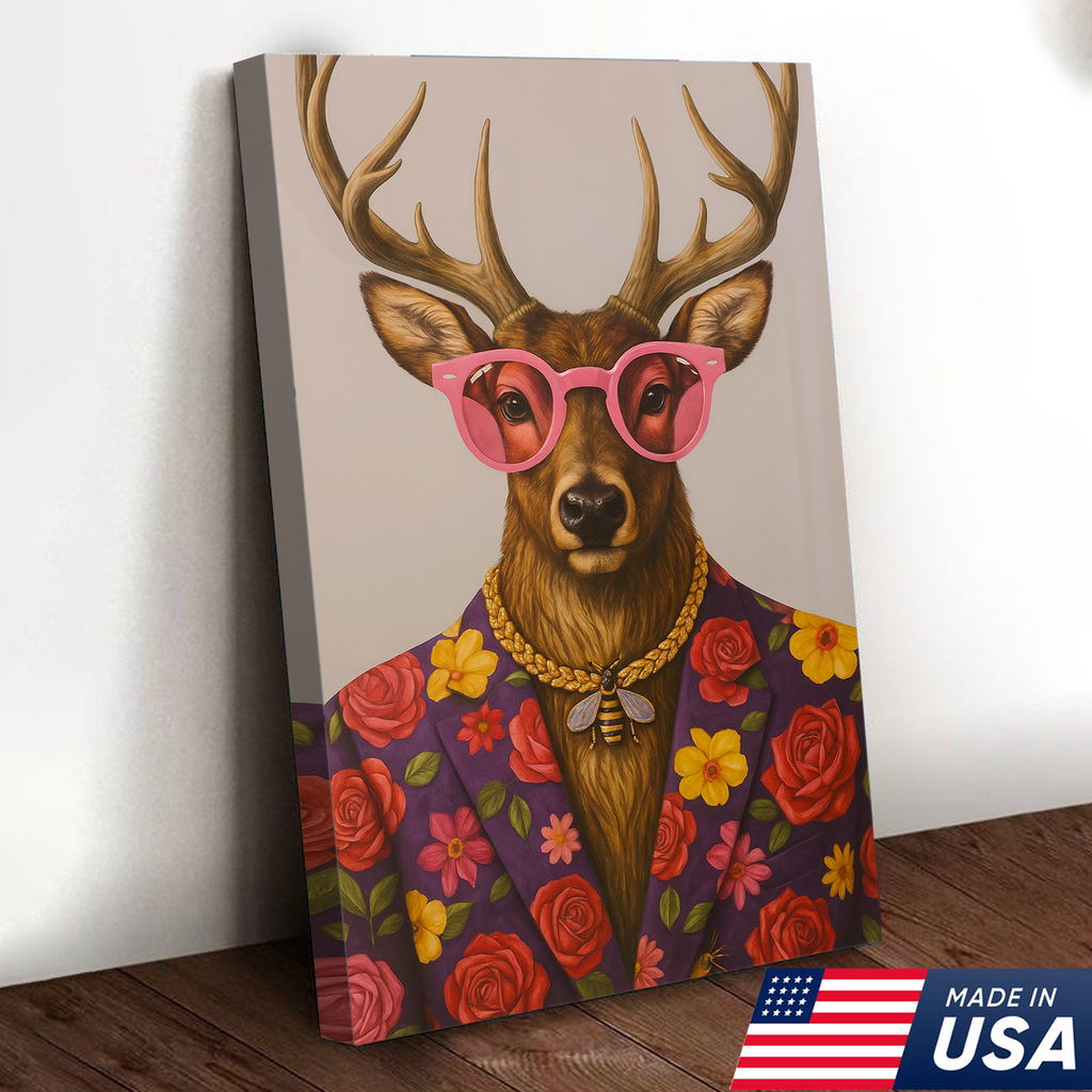 Funny Deer Wall Art Canvas – Stylish Hunter Canvas with Floral Suit & Sunglasses