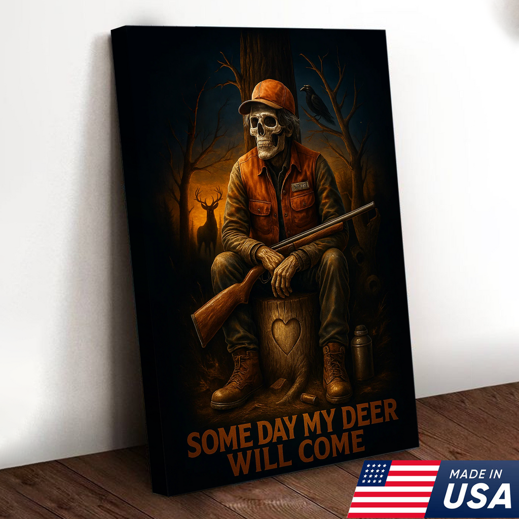 Funny Deer Hunting Canvas Wall Art – Skeleton Hunter with Rifle, Rustic Lodge Decor
