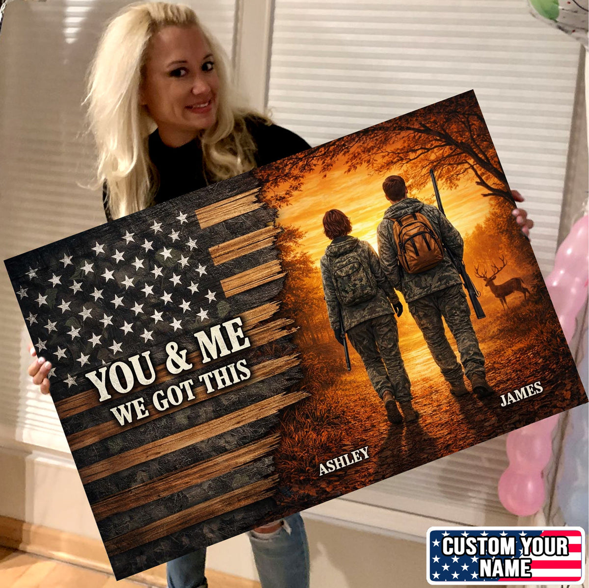Personalized Hunting Couple Canvas Print, You & Me We Got This American Flag Wall Art Decor