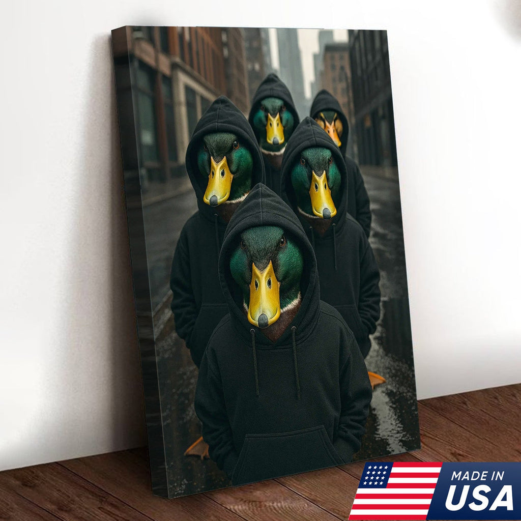 Urban Duck Gang Canvas Wall Art, Hooded Anthropomorphic Ducks Artwork
