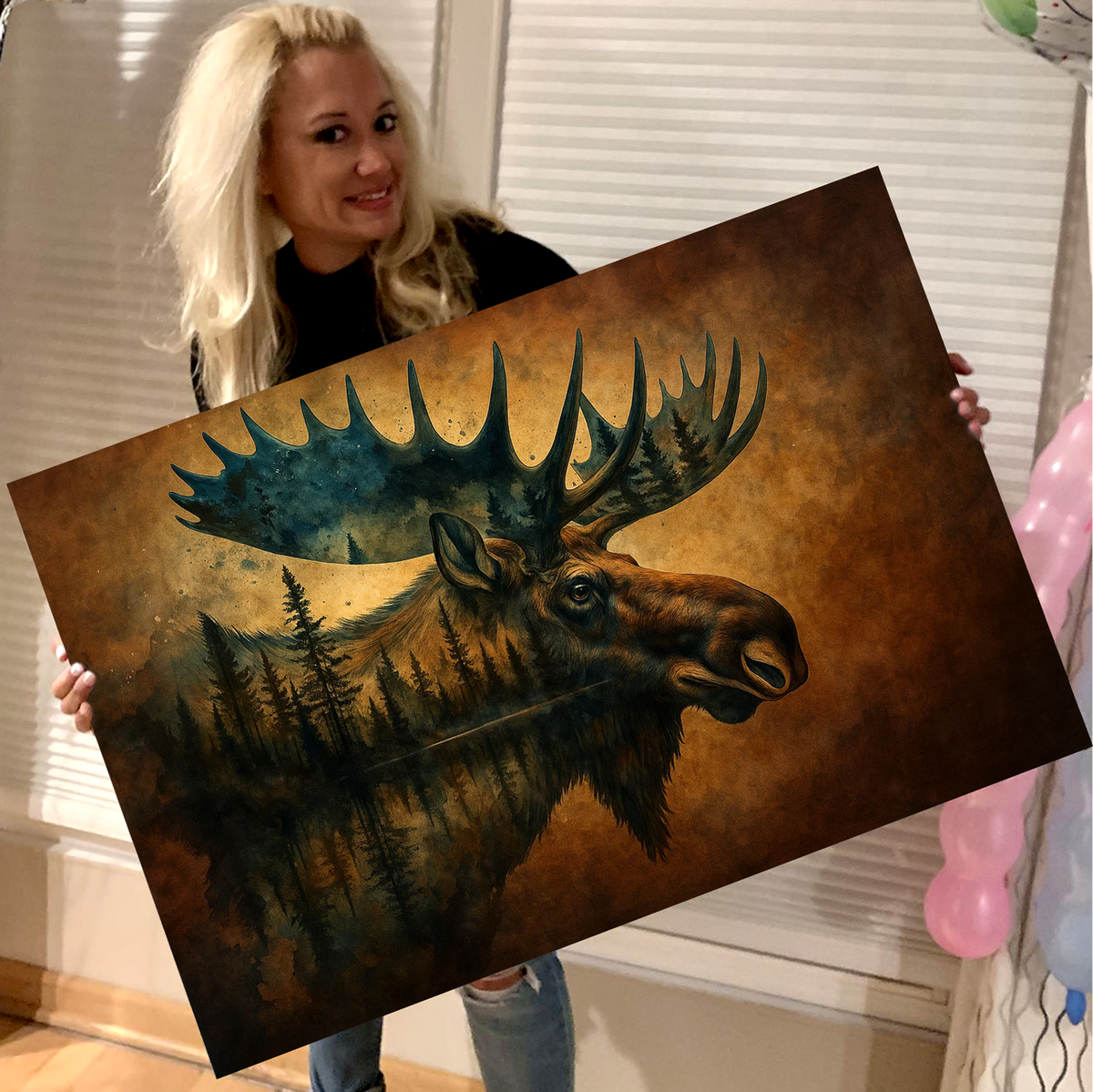 Moose Double Exposure Canvas Wall Art – Rustic Wildlife Lodge Cabin Decor, Nature-Inspired Hunting Gift
