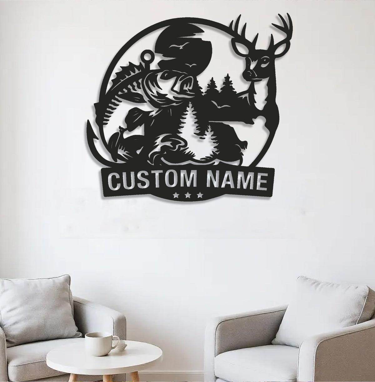 Personalized Deer and Fish Hunting Metal Sign WITH LED/WITHOUT LED, Rustic Cabin Wall Decor