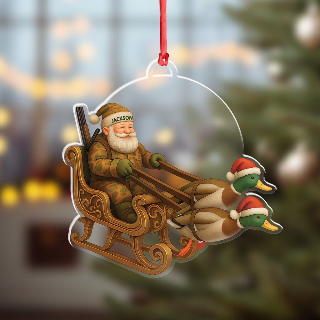 Personalized Funny Santa Hunter Acrylic Ornament– Duck Hunting Christmas Wall Art, Santa Claus with Ducks Sleigh, Custom Hunter Gift for Men
