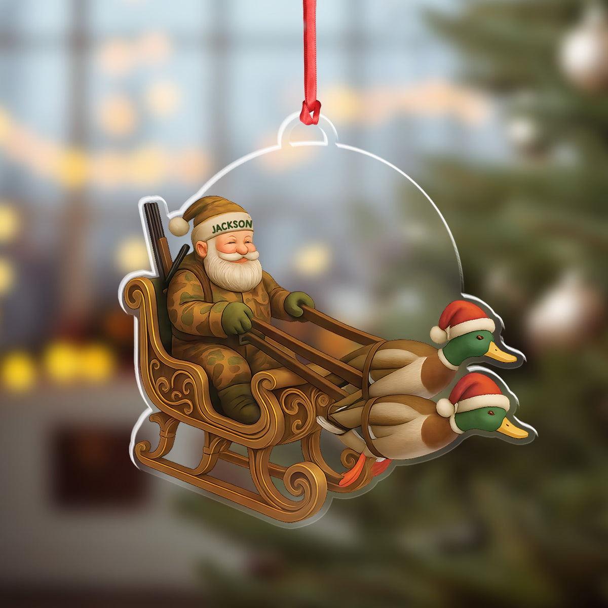 Personalized Funny Santa Hunter Acrylic Ornament– Duck Hunting Christmas Wall Art, Santa Claus with Ducks Sleigh, Custom Hunter Gift for Men