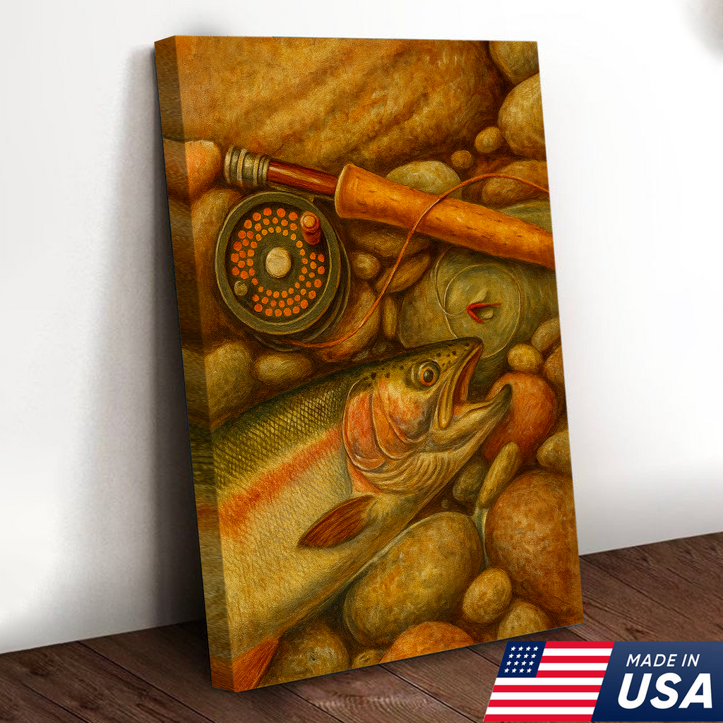 ly Fishing Canvas Wall Art – Retro Trout Painting with Rod & Reel Rustic Cabin Lodge Decor
