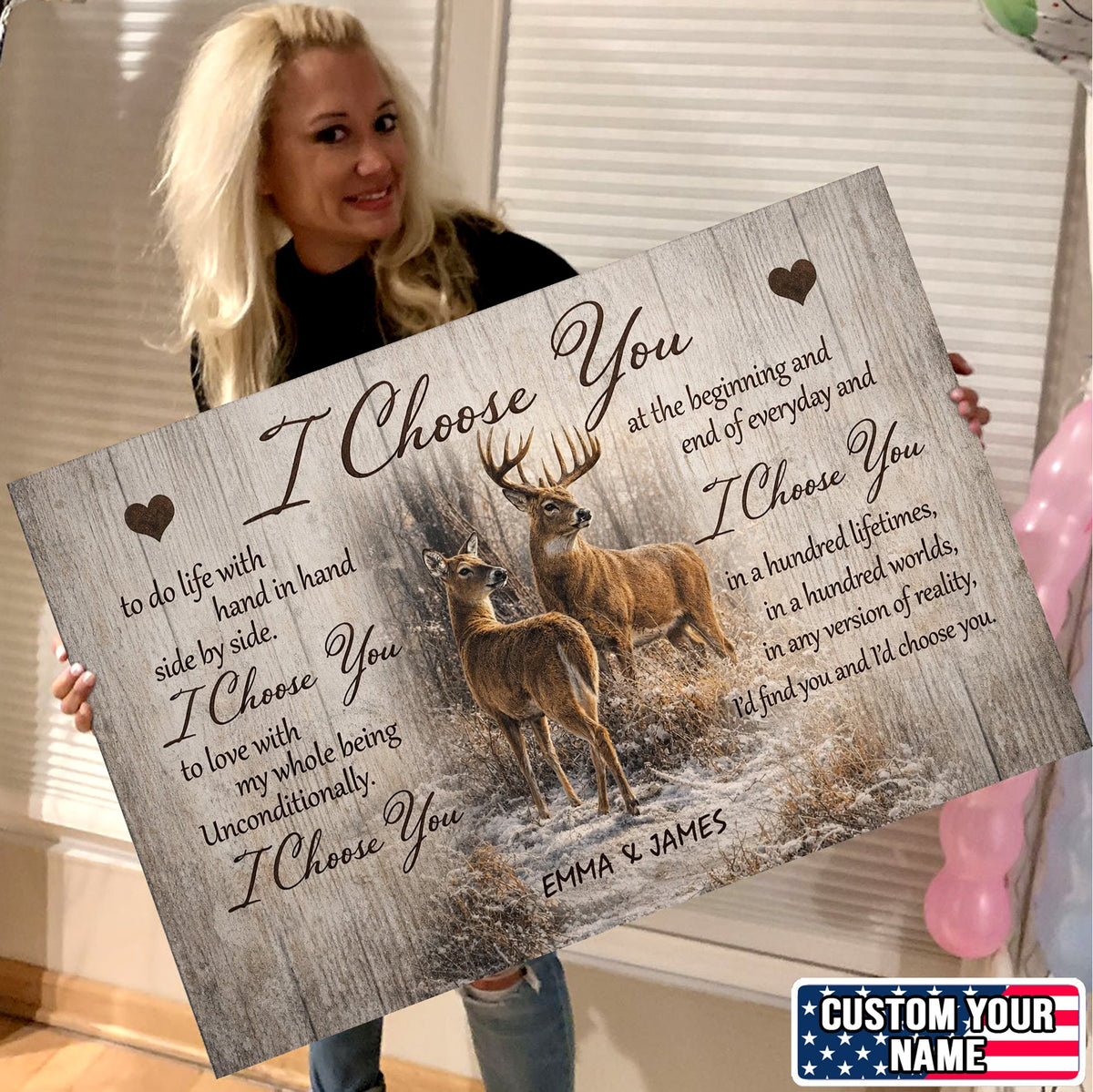 I Choose You Deer Couple Canvas Print, Romantic Woodland Love Wall Art Personalized Gift