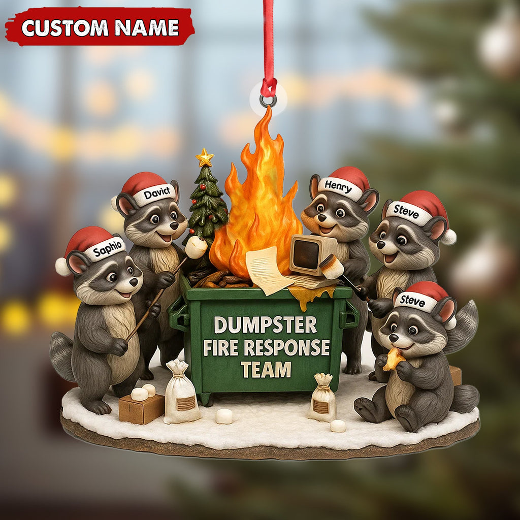 Personalized Dumpster Fire Response Team Christmas Ornament, Custom Name Raccoon Office Crew Gift, Funny Workplace Dumpster Fire Holiday Decor