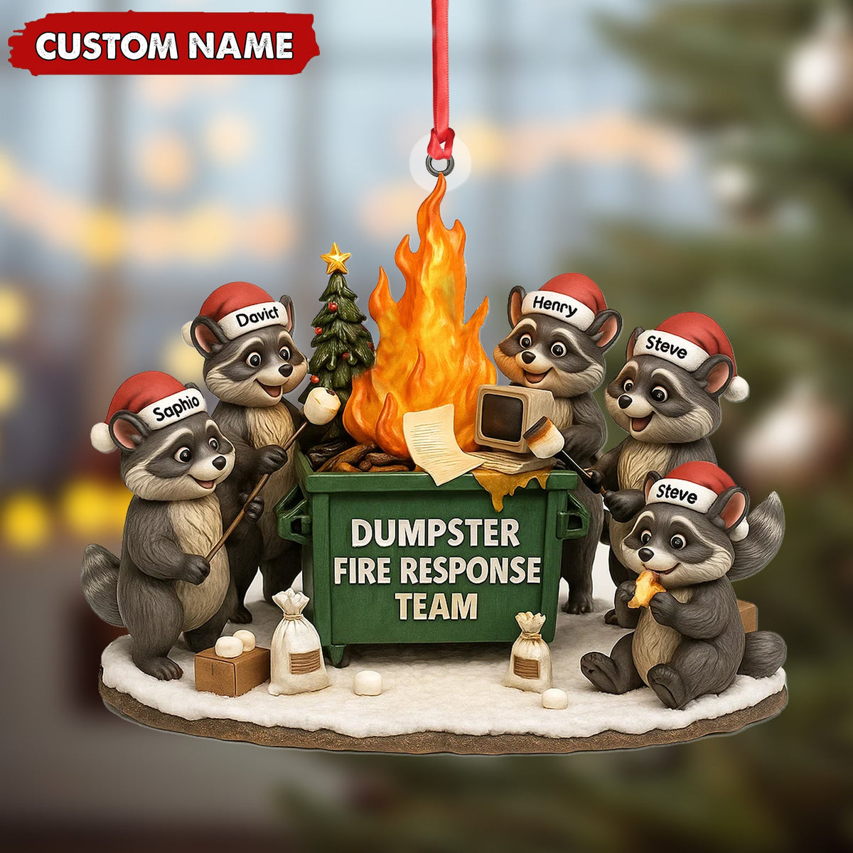 Personalized Dumpster Fire Response Team Christmas Ornament, Custom Name Raccoon Office Crew Gift, Funny Workplace Dumpster Fire Holiday Decor