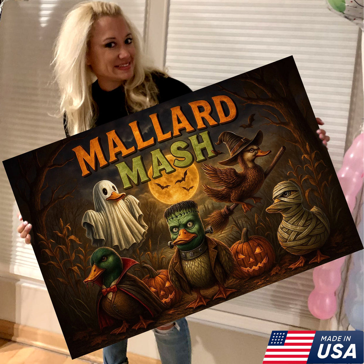 Mallard Mash Halloween Canvas Wall Art – Funny Ducks in Costumes with Pumpkins