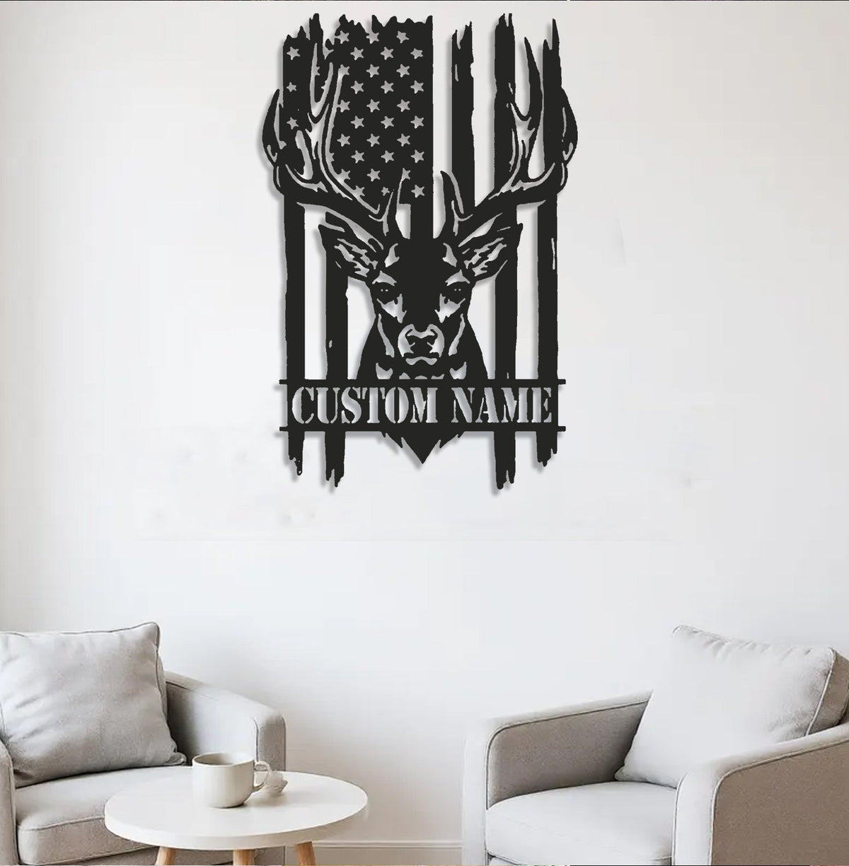 Personalized Vertical American Flag Deer Hunting Metal Sign WITH LED/WITHOUT LED Light Rustic Lodge Wall Decor