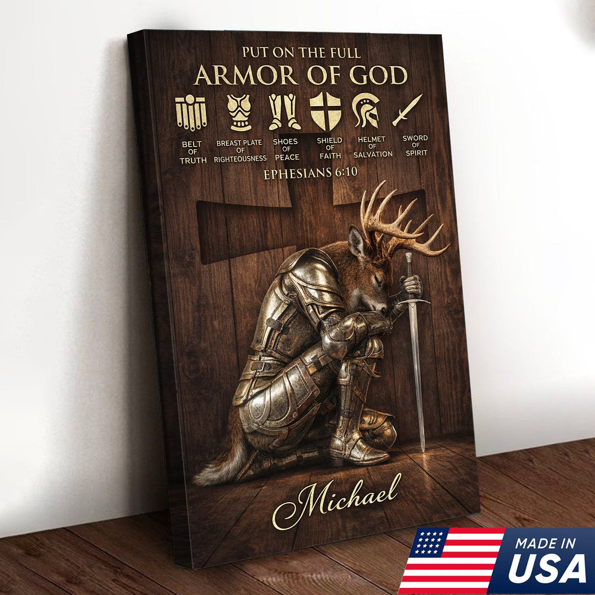Personalized Armor of God Deer Knight Canvas Wall Art, Christian Ephesians 6:10 Scripture Artwork