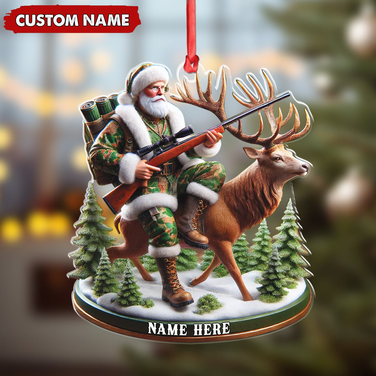 Personalized Acrylic Hunter Santa Riding Deer Christmas Ornament - Custom Hunting Gift Decoration
