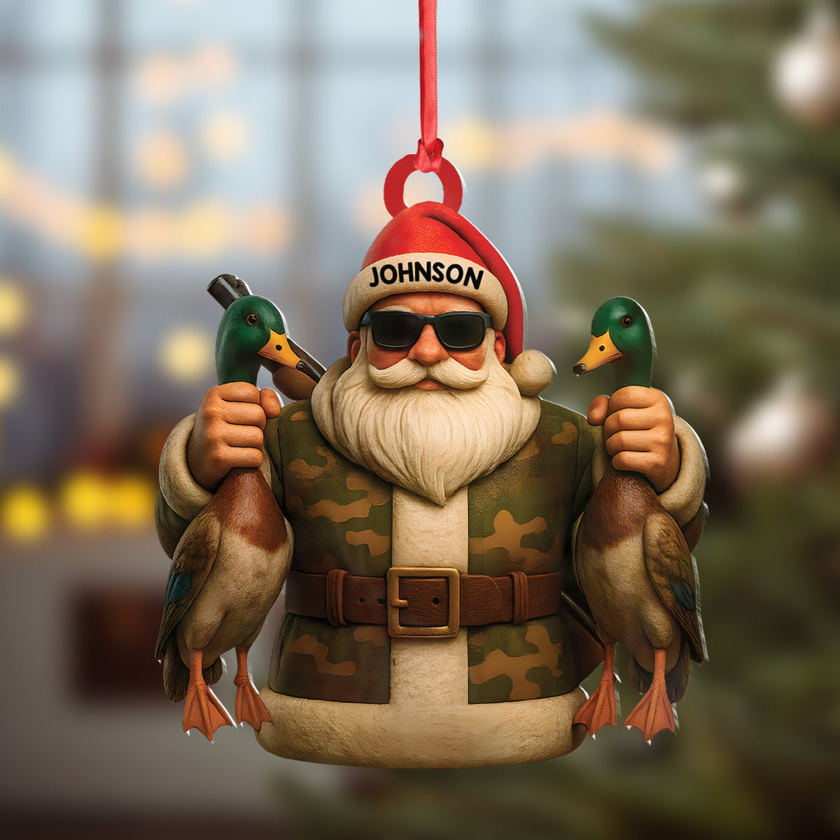 Personalized Duck Hunter Santa Acrylic Ornament - Funny Christmas Gift for Hunters - Custom Name Camo Decor
