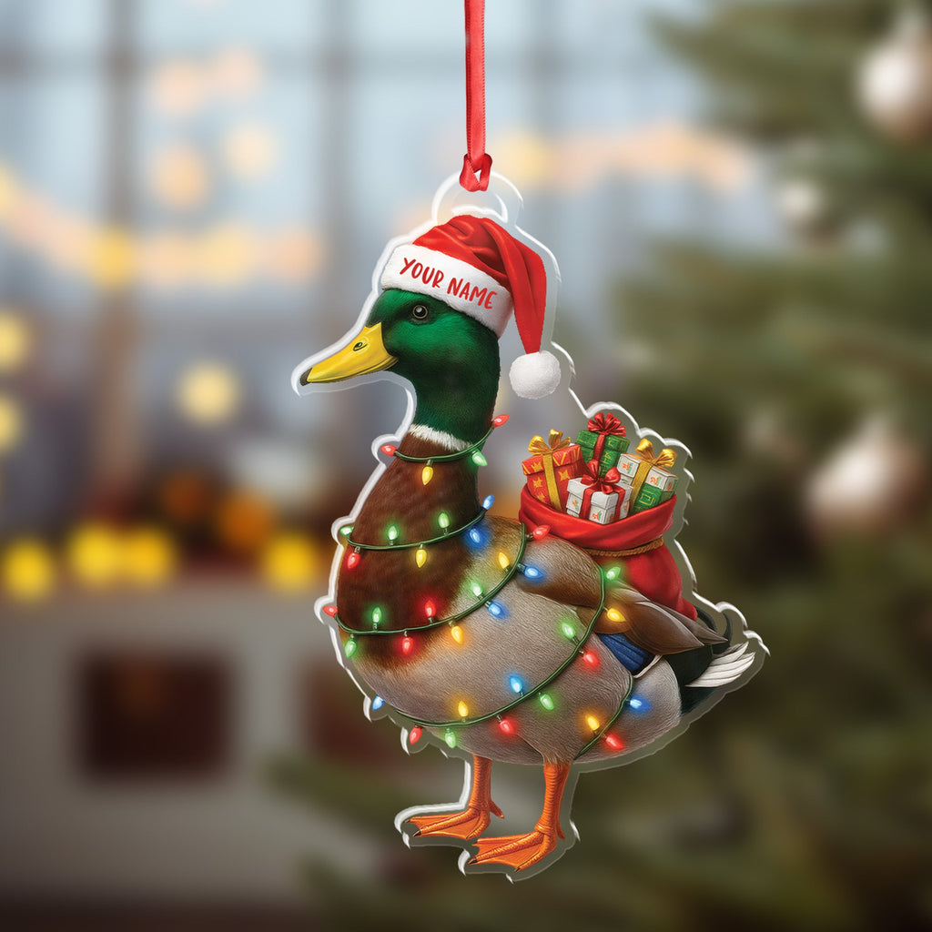Funny Christmas Duck Acrylic Ornament – Mallard Santa with Lights and Gifts, Personalized Holiday Decoration for Duck Lovers, Unique Hunter Christmas Gift