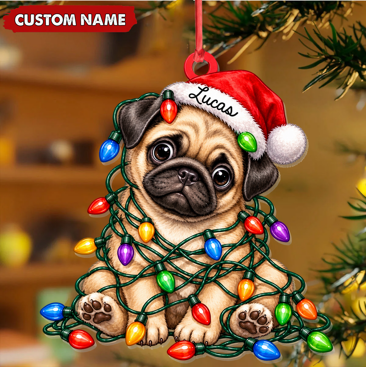 Personalized Pug Christmas Ornament Custom Name Festive Dog Keepsake
