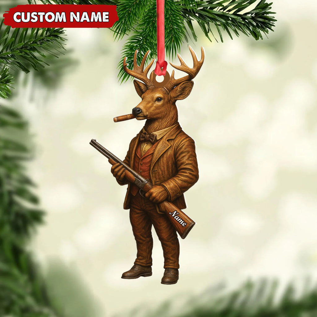 Personalized Acrylic Deer Hunter Christmas Ornament – Custom Name Rustic Hunting Lodge Decor