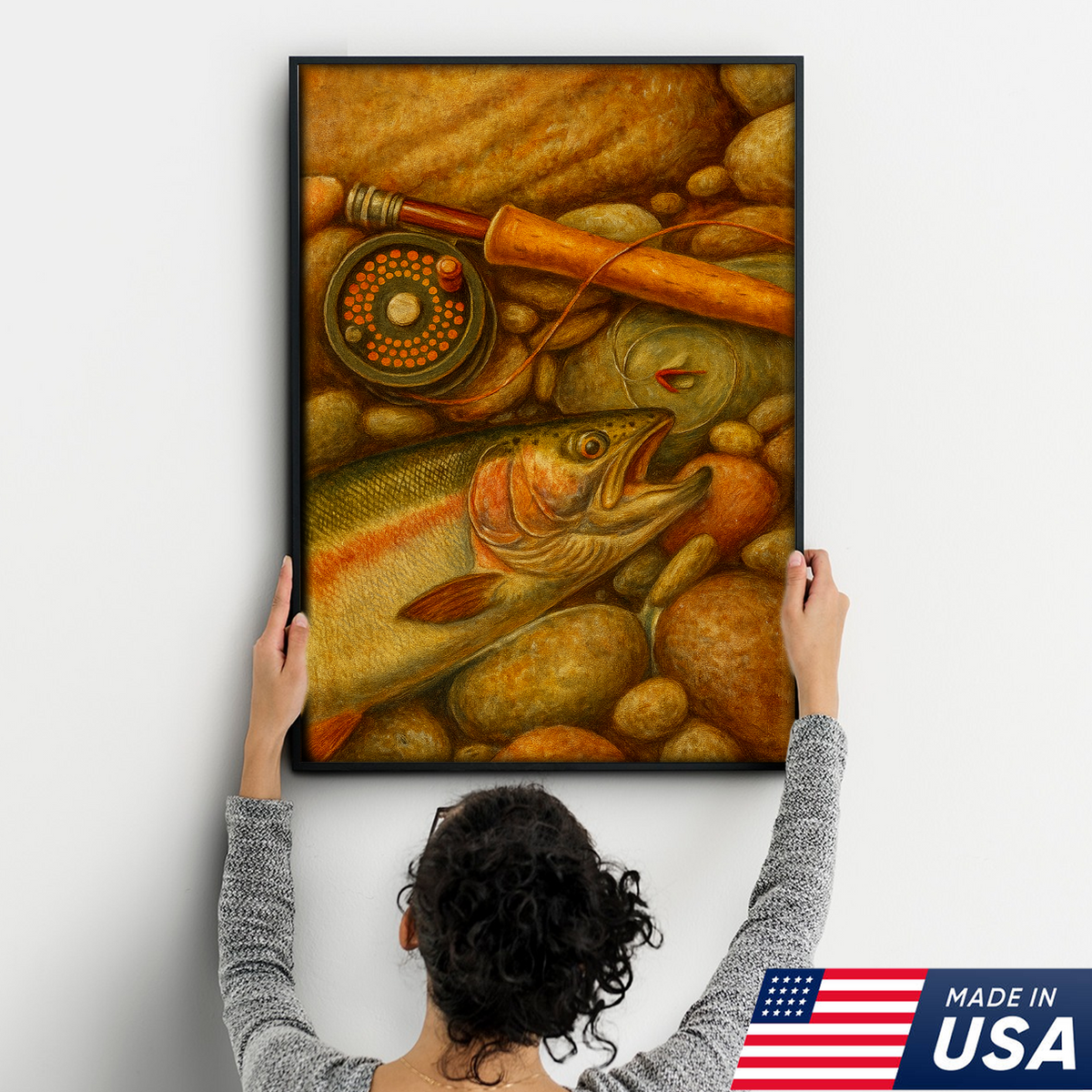 ly Fishing Canvas Wall Art – Retro Trout Painting with Rod & Reel Rustic Cabin Lodge Decor