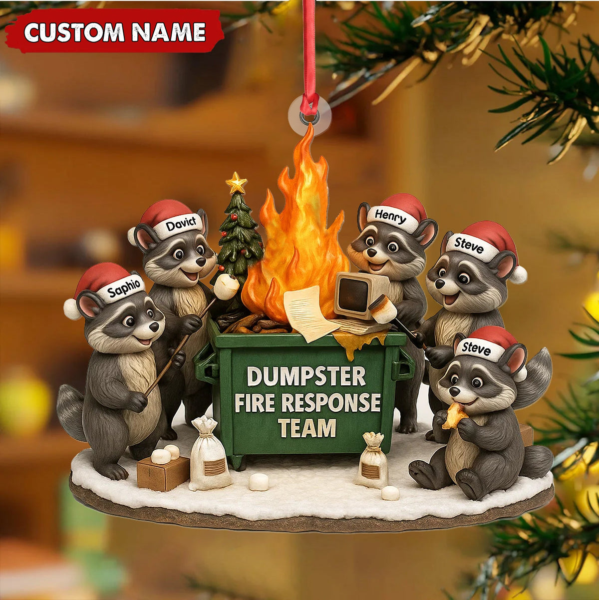 Personalized Dumpster Fire Response Team Christmas Ornament, Custom Name Raccoon Office Crew Gift, Funny Workplace Dumpster Fire Holiday Decor