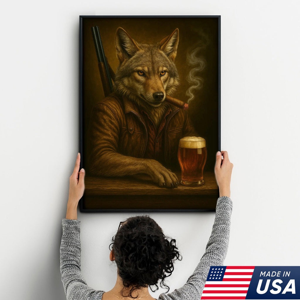 Alpha Wolf Coyote Canvas Wall Art – Fierce Surreal Portrait with Beer Glass, Bold Wilderness Decor