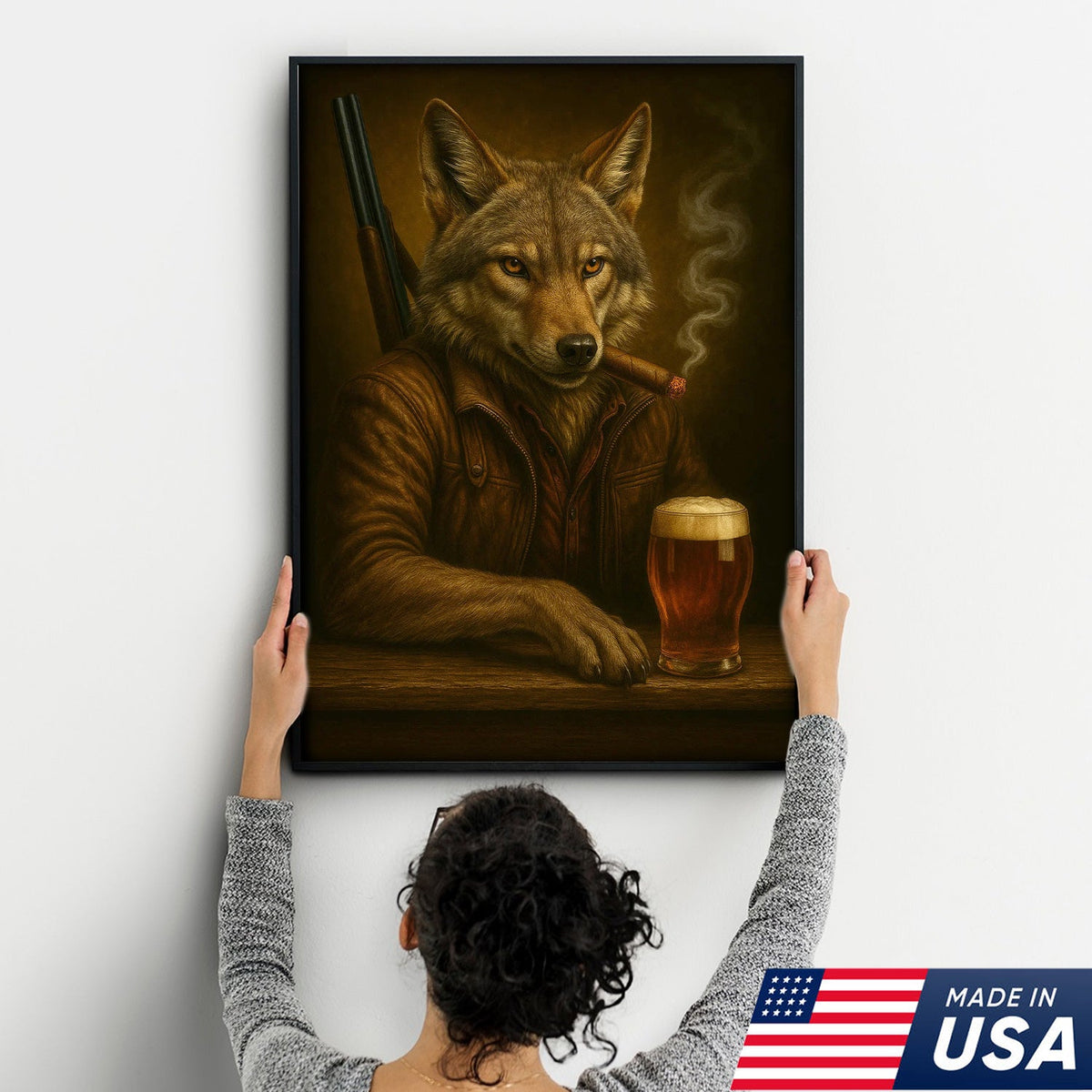 Alpha Wolf Coyote Canvas Wall Art – Fierce Surreal Portrait with Beer Glass, Bold Wilderness Decor