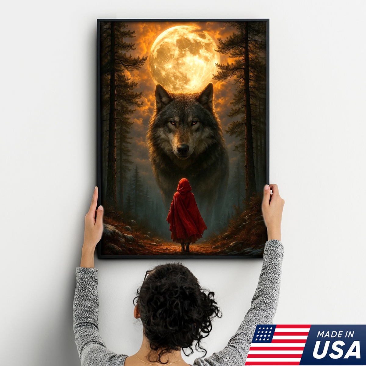 Wolf and Little Red Riding Hood Canvas Wall Art – Fantasy Moonlit Forest Scene