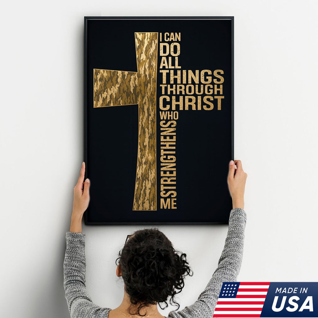 Camo Cross Christian Canvas Wall Art, Philippians 413 I Can Do All Things Through Christ Verse