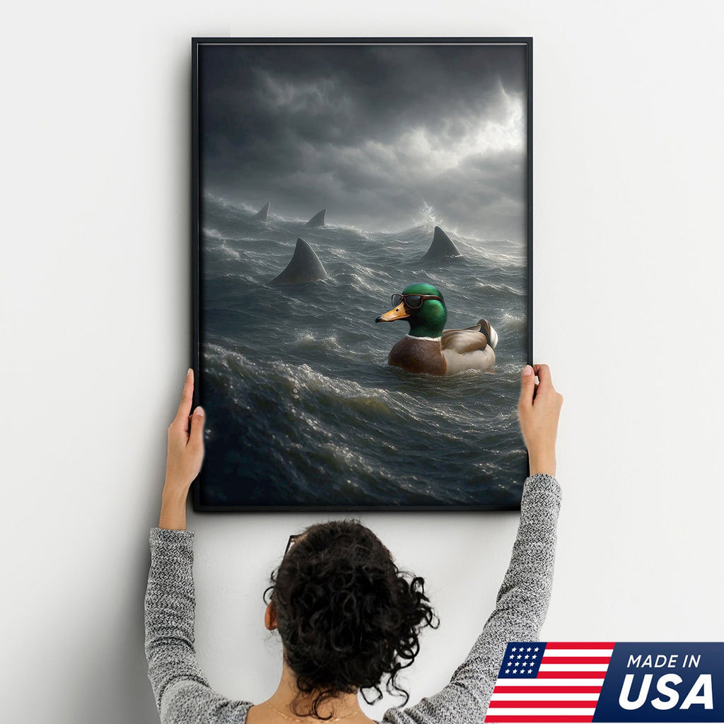 Funny Duck in Shark Infested Waters Canvas Wall Art, Cool Sunglasses Duck Ocean Storm Print