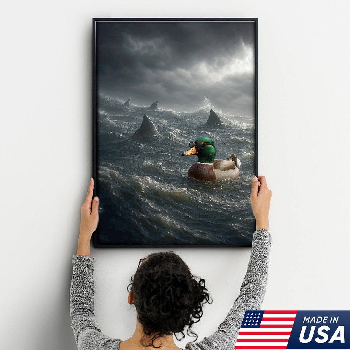 Funny Duck in Shark Infested Waters Canvas Wall Art, Cool Sunglasses Duck Ocean Storm Print