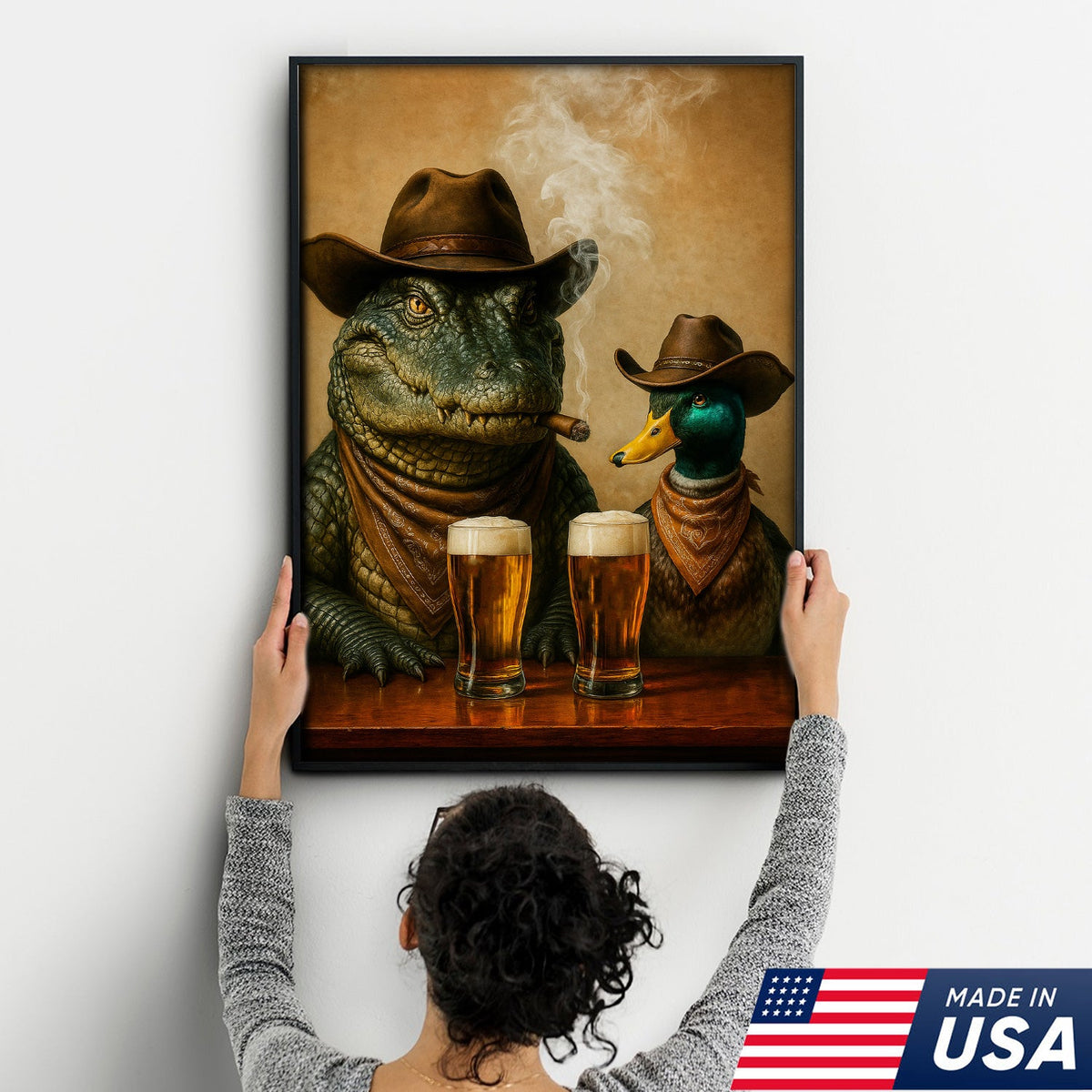 Funny Alligator and Duck Cowboy Canvas – Rustic Wildlife Bar Wall Art Gift for Hunters and Lodge