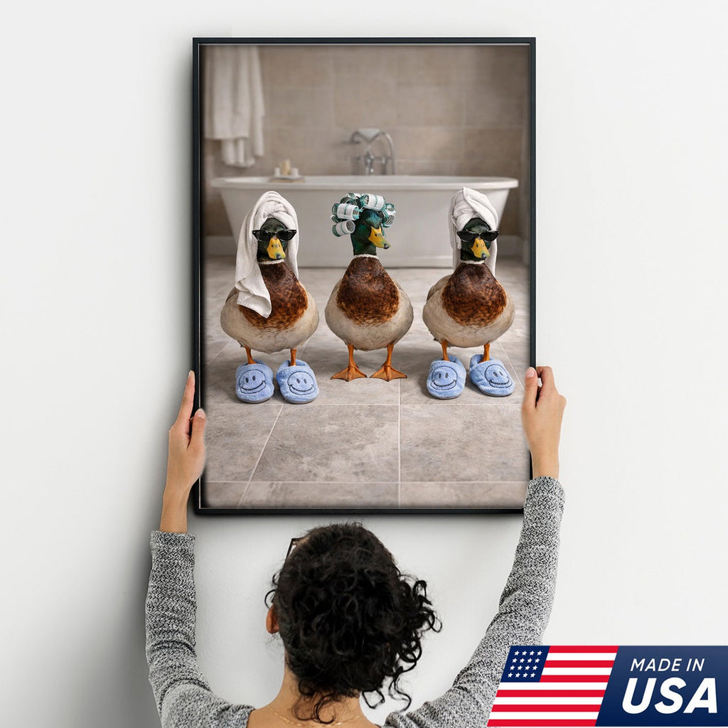 Funny Duck Spa Bathroom Canvas Wall Art, Whimsical Farm Animal Self Care Illustration