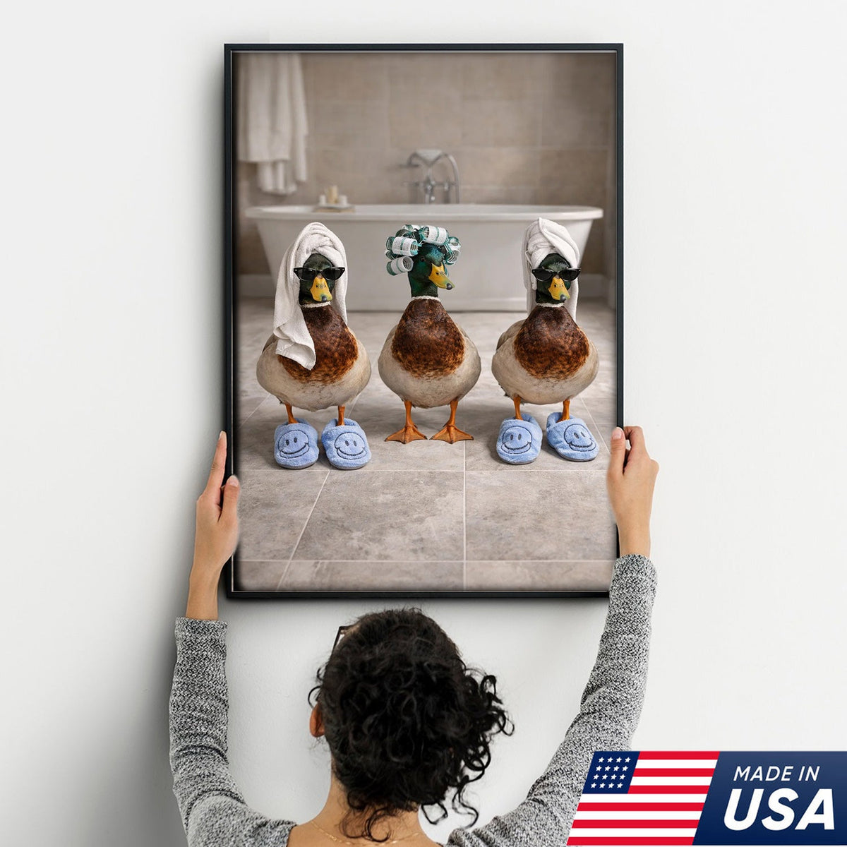 Funny Duck Spa Bathroom Canvas Wall Art, Whimsical Farm Animal Self Care Illustration