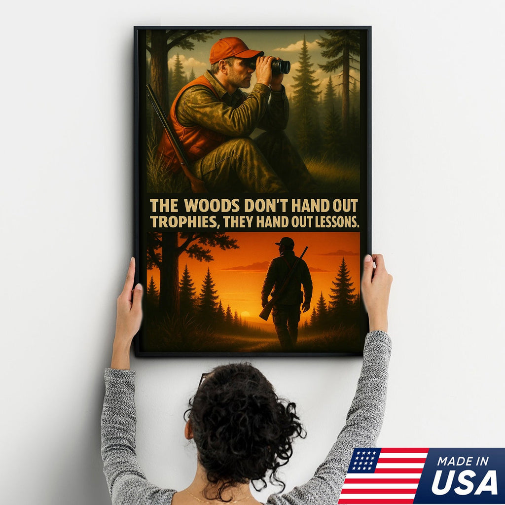 Inspirational Hunting Canvas Wall Art – Hunter in Forest with Rifle & Quote “The Woods Don’t Hand Out Trophies, They Hand Out Lessons”