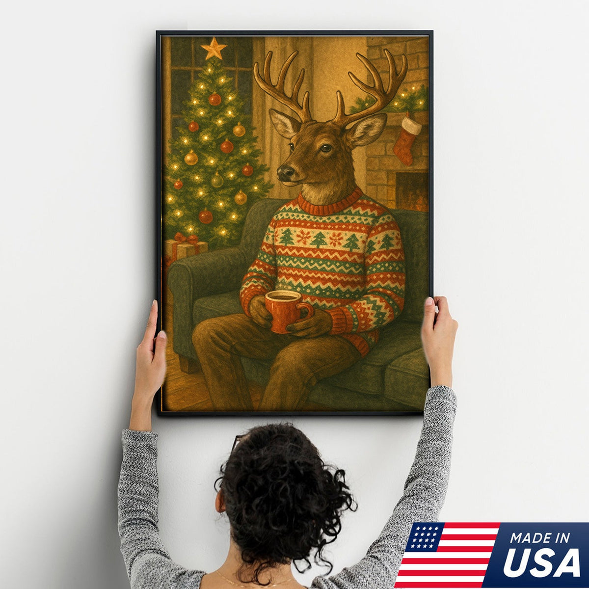 Cozy Christmas Deer Canvas Wall Art Print – Holiday Reindeer With Hot Cocoa