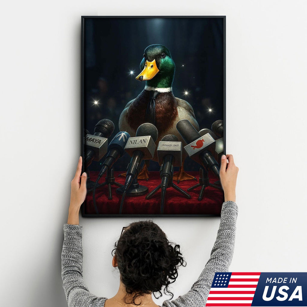 Confident Duck Press Conference Canvas Wall Art, Funny Animal Leader Humor Artwork